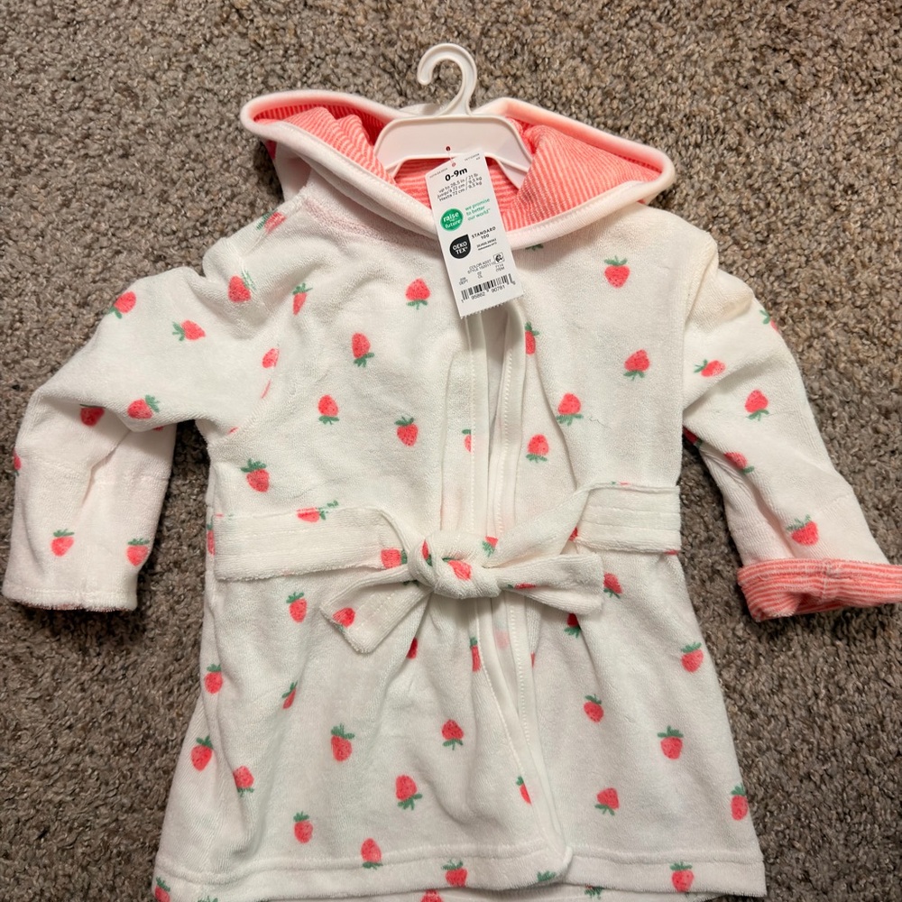 White Hooded Baby Robe with Pink Strawberry Print